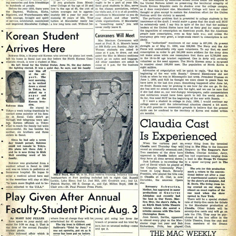 Korean student arrives at Mac; cost of college; Faculty-Student picnic; Cast of the play "Claudia"